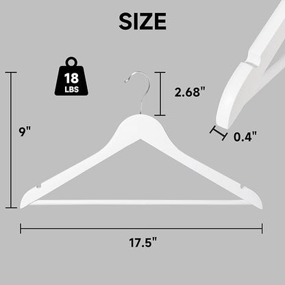 Quality Wooden Clothes Hangers, Solid Wood Suit & Coat Hangers with Pants Bars, Swivel Hook, Shoulder Notches, Heavy Duty Hangers for Shirts, Jackets, Dresses & Trousers(White/12-Pack)