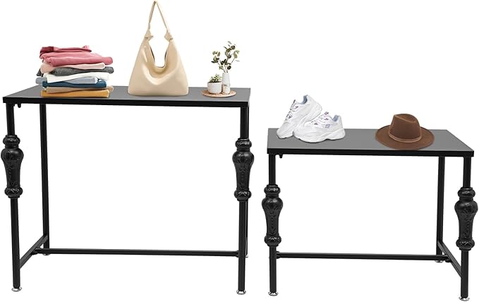 Industrial Retail Display Tables, Set of 2 Standing Clothing Shoes Display Rack Boutique Display Table Storage Shelves for Retail Store, Hotel, office. (Black)