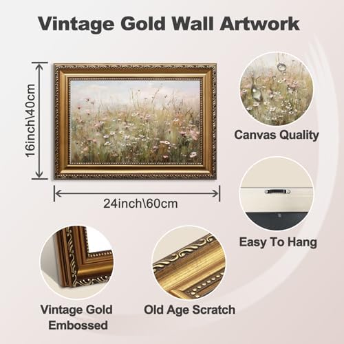 ASTRDECOR Vintage Gold Framed Canvas Wall Art, Farmhouse Wall Decor Wildflower Field Landscape Oil Painting, Neutral Pink Spring Scenery Pictures Wall Decor, Vintage Artwork for Wall - 16"x24" - Image 2
