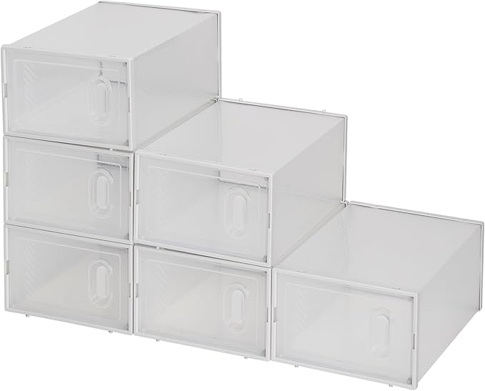 6 Pack Large Shoe Storage Boxes Organizers Clear Plastic Stackable, Modular Space Saving Shoe Boxes Sneaker Storage for Sneakerheads,Toy Storage Organizer Bins for Entryway, Closet, Under Bed, White