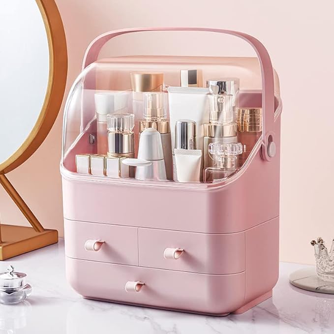 LINFIDITE Cosmetic Storage Box with Lid Waterproof&Dustproof Makeup Organizer Box Portable Handle,Large Makeup Display Case with Drawers Fully Open Lid,Great for Bathroom Countertop Bedroom Dresser