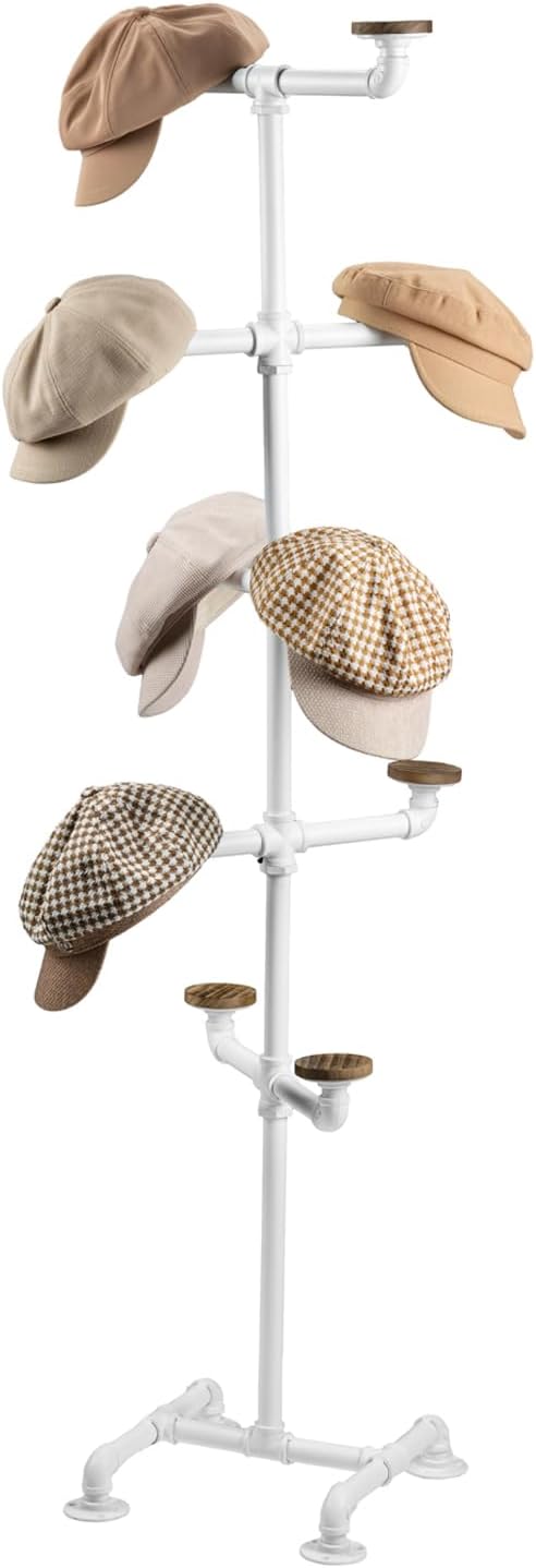 MyGift Hat Organizer Rack, Freestanding Baseball Cap Holder Display, Cowboy Hat Tree Entryway, Decorative Pipework Stand with 10 Hooks, Industrial White Metal, Round Rustic Burnt Wood