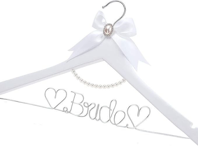 White Solid Wood Bridal Dress Hanger with Bridal Wire Lettering for Bridal Wedding Party Gift (White Hanger Silver Thread and Pearl Chain)