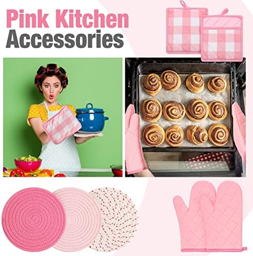 Pink Oven Mitts and Pot Holders 7 Sets, Pink White, Cotton, Plaid - Image 4