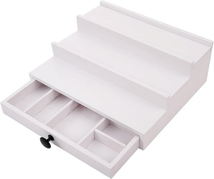 White Cologne Organizer for Men - 3 Tier Wooden Perfume Display Stand with Drawer and Hidden Compartment for Organizing and Storing, Cologne Holder Shelf for Dresser