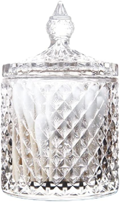 Glass Qtip Holder with Lid, Decorative Glass Apothecary Jar Crystal Canister Jar Bathroom Vanity Organizer for Q-tips, Cotton Ball & Swab, Cotton Pads, Hair Band, Candy Storage