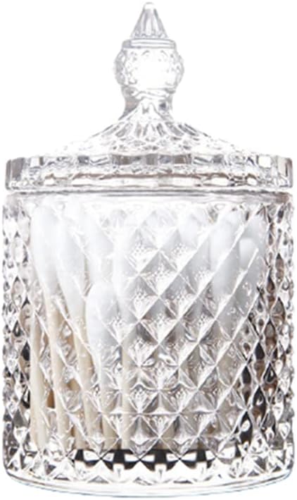 Glass Qtip Holder with Lid, Decorative Glass Apothecary Jar Crystal Canister Jar Bathroom Vanity Organizer for Q-tips, Cotton Ball & Swab, Cotton Pads, Hair Band, Candy Storage