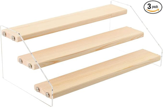 Tiered Spice Rack Acrylic Wood Board Spice Rack Organizer for Cabinet, Seasoning Organizer Spice Shelf, Space Saving Clear Stand Step Can Organizer for Kitchen Countertop Storage, 3 Tier