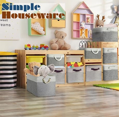 Simple Houseware 15.7" x 12" Wide & Low Fabric Storage Bin for Shallow Gaps and Closet, Braided Handles, 3 Pack, Gray