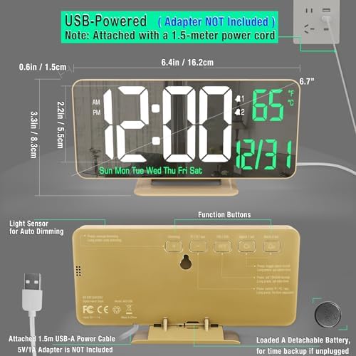 KOSUMOSU Desk Clock for Bedroom Accessories 6.7in Gold Digital Alarm Clock with Dimming,12/24h, Date, Day of Week, Temp, LED Clock, Modern Digital Calendar Clocks for Living Room Essentials - Image 5