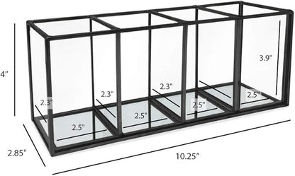 Isaac Jacobs 4-Compartment Organizer- Makeup Brush Holder- Vintage Style Brass and Glass Storage Solution with Mirror Base- Office, Bathroom, Kitchen Supplies and More (Black)