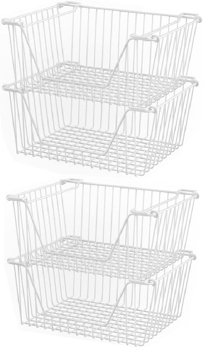 Slideep 14'' Large Stackable Storage Baskets Cabinet Organizer Sturdy Metal Wire Pantry Freezer Bin for Pantry Home Bathroom Kitchen Organization White - 4 Pack