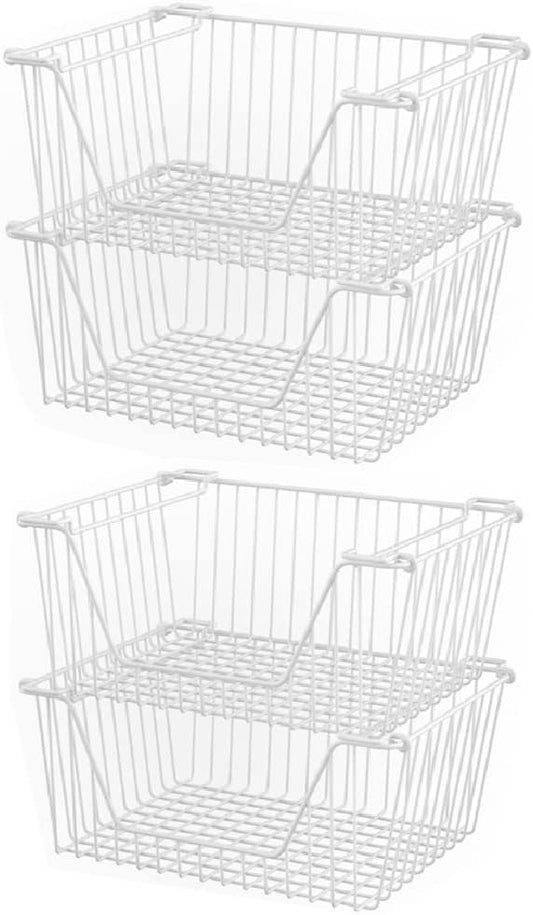 Slideep 14'' Large Stackable Storage Baskets Cabinet Organizer Sturdy Metal Wire Pantry Freezer Bin for Pantry Home Bathroom Kitchen Organization White - 4 Pack