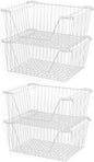 Slideep 14'' Large Stackable Storage Baskets Cabinet Organizer Sturdy Metal Wire Pantry Freezer Bin for Pantry Home Bathroom Kitchen Organization White - 4 Pack