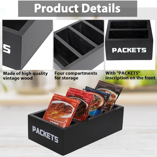 BSTKEY Seasoning Packet Organizer, Food Packet Storage Organizer with 4 Compartments, Black Wooden Storage Caddy for Kitchen Pantry Cabinet, Farmhouse Kitchen Organization Bin for Snacks Spice Packets - Image 3