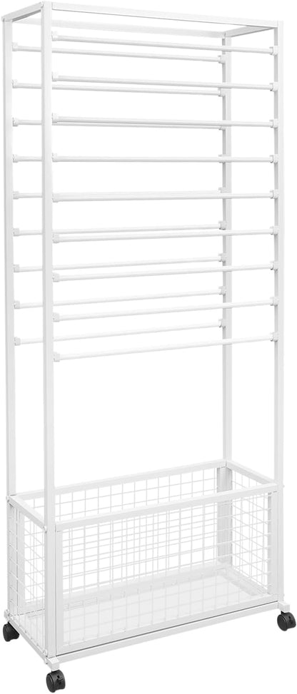 20-Tier Double-Sided Ribbon Holder Organizer Rack with Storage Basket & Wheels, Multifunctional Flower Wrapping Paper Display Stand for Craft Rooms, Flower Shops (White, 26.38''W x 12.6''D x 59.06''H)