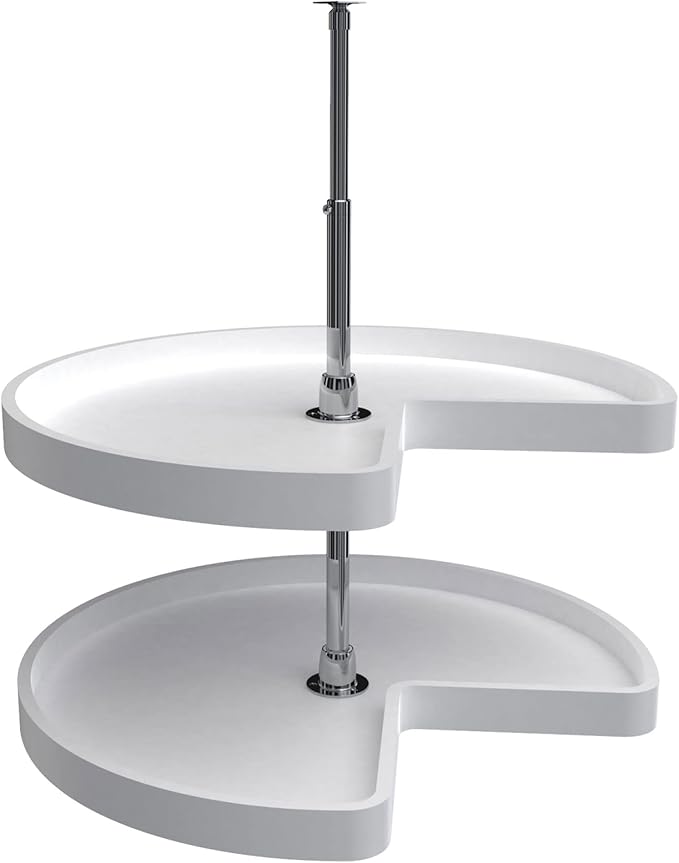 Rev-A-Shelf 28" Kidney Shaped Dual Tier Lazy Susan Shelf Organizer for Corner Base Kitchen Cabinets, Plastic Home Storage, 28" W x 18.58" D x 26" H, White, 6472-28-11-52