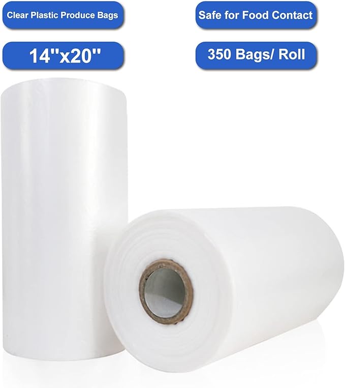 LabelMore Plastic Produce Bags on a Roll, Clear, Food Storage Bags for Bread, Vegetable, Fruits and Meat, 350 Bags/Roll (14''X20''/4 Rolls)
