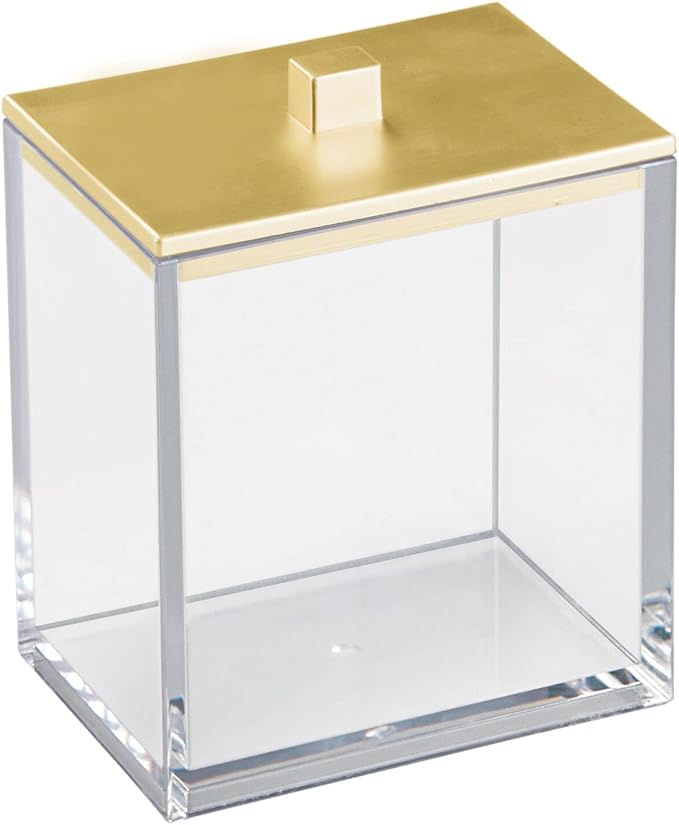 mDesign Plastic Rectangle Apothecary Canister - Organizer for Bathroom Vanity Countertop Shelf Decor - Holds Cotton Swabs, Soap, Makeup, Bath Salts - Lumiere Collection - 2 Pack - Clear/Gold