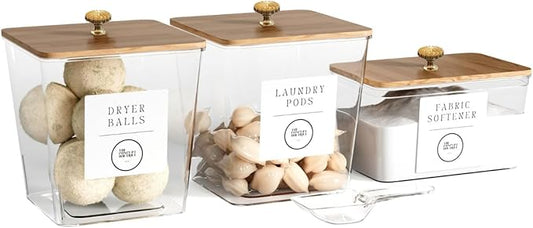3 Pack Acrylic Laundry Room Organization Containers with Gold & Wood Knobs – Laundry Pods Container & Detergent Organizer Set | Clear Laundry Jars | Scoops & Customizable Labels | Storage Canisters