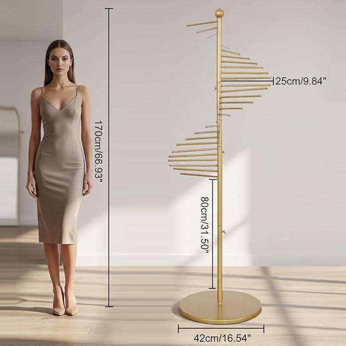 Scarf Rack Free Standing, Spiral Scarf Holder, Hijab Stand, 30 Rods for Multiple Scarves Purse Hat, Space Saving Organizer (42x170cm/17x67in, Gold)