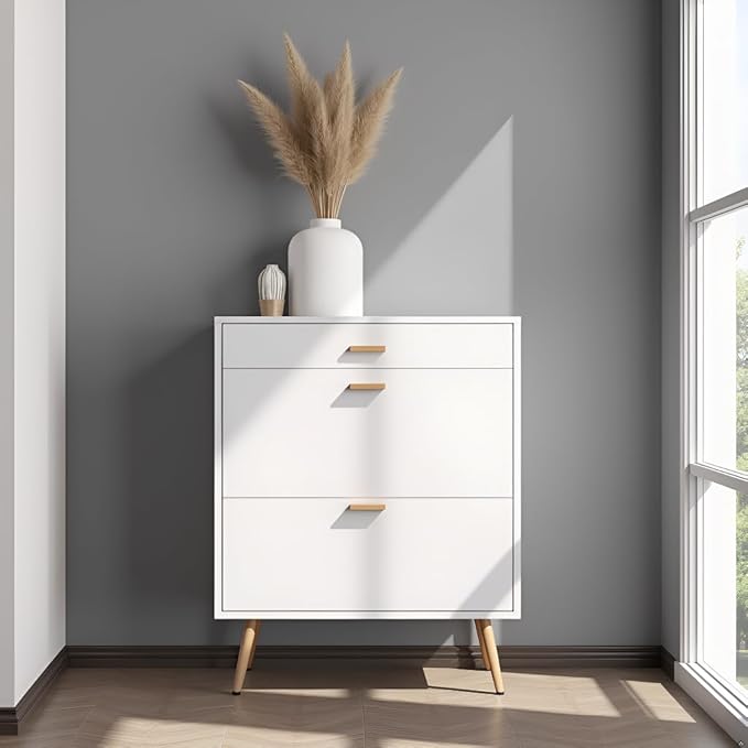 Karl home Narrow Entryway Shoe Cabinet, Freestanding Shoe Rack with 2 Flip Doors 1 Drawers, Adjustable Tipping Wood Hidden Storage Organizer for Hallway Apartment Foyer, White