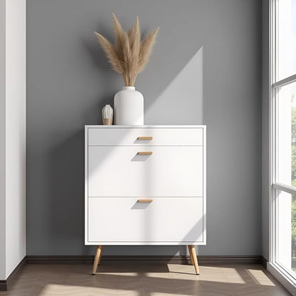 Karl home Narrow Entryway Shoe Cabinet, Freestanding Shoe Rack with 2 Flip Doors 1 Drawers, Adjustable Tipping Wood Hidden Storage Organizer for Hallway Apartment Foyer, White