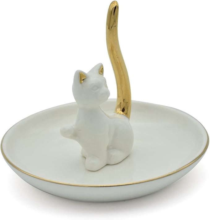 Love Cat Posture Ring Holder Jewelry Storage Dish Trinket Tray Decorative White Plated Golden Tail.