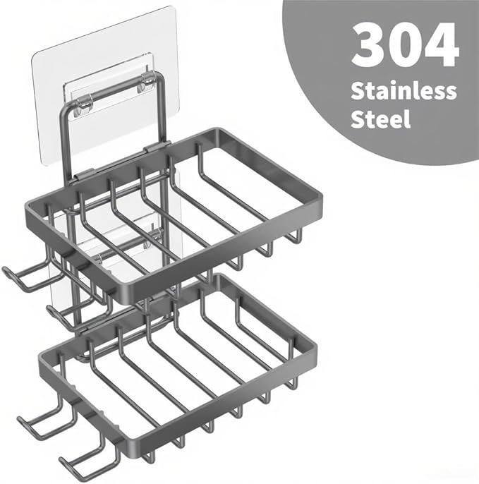 Moforoco Grey Double Soap Bar Holder for Shower, No Drilling, 304 Rustproof Stainless Steel, Wall Mounted Soap Holder with 4 Hooks and Razor Holder, Shower Rack Soap Tray Bar Soap for Bathroom