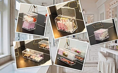 Square Acrylic Cotton Ball Pads Gauze Swab Holder Organizer Q-tip Dispenser Storage Canister Bathroom Container Flossers Box Case (9.3x3.7x5.1 in, 2 Tiers, 4 Partitions, Transparent)