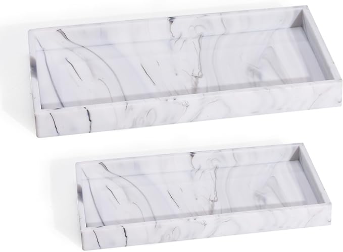 2 Silicone Bathroom Counter Tray, 7.8" x 3.9" & 11.8" x 5" Vanity Tray, Decorative Kitchen Soap Holder Plate Organizer for Makeup Perfume Candle Key Storage Toilet Tank Sink Table Desk (Marble White)