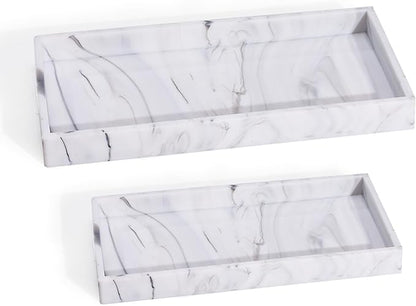 2 Silicone Bathroom Counter Tray, 7.8" x 3.9" & 11.8" x 5" Vanity Tray, Decorative Kitchen Soap Holder Plate Organizer for Makeup Perfume Candle Key Storage Toilet Tank Sink Table Desk (Marble White)