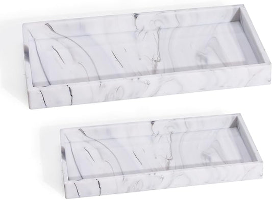 2 Silicone Bathroom Counter Tray, 7.8" x 3.9" & 11.8" x 5" Vanity Tray, Decorative Kitchen Soap Holder Plate Organizer for Makeup Perfume Candle Key Storage Toilet Tank Sink Table Desk (Marble White)