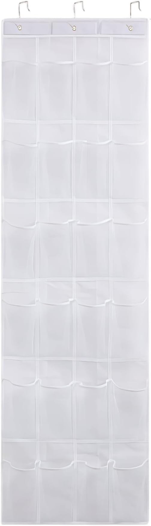 24 Mesh Pocket Over The Door Shoe Organizer, Space Saving Hanging Storage Holder with Hooks, 64x19 Inch White