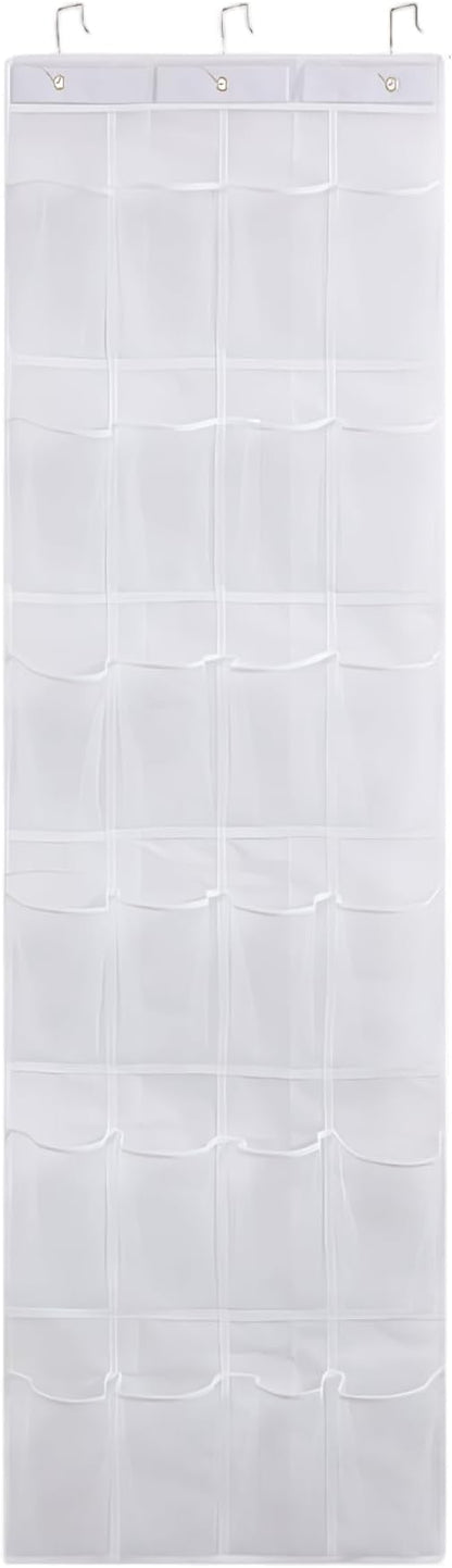 24 Mesh Pocket Over The Door Shoe Organizer, Space Saving Hanging Storage Holder with Hooks, 64x19 Inch White