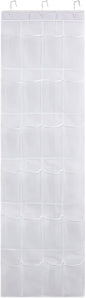 24 Mesh Pocket Over The Door Shoe Organizer, Space Saving Hanging Storage Holder with Hooks, 64x19 Inch White