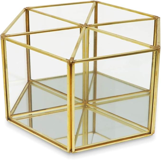 Isaac Jacobs 6-Compartment Rotating Makeup Brush Holder, 360 Degree Acrylic Carousel, Vintage Style Brass and Glass Organizer, Storage Solution with Mirror Base for Makeup, Kitchen, Crafts, & More