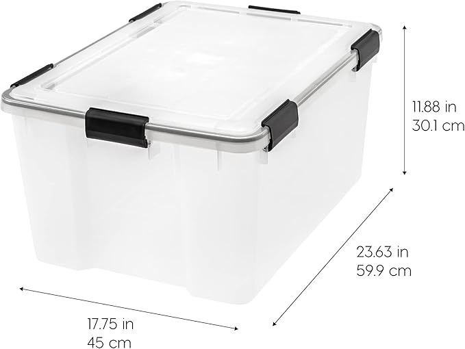 IRIS USA WeatherPro 63 Qt Storage Bins with Lids, 2 Pack, BPA-Free Plastic Gasket Box with Tight Latch and Seal, Stackable Nestable Tote Tub - Clear/Black
