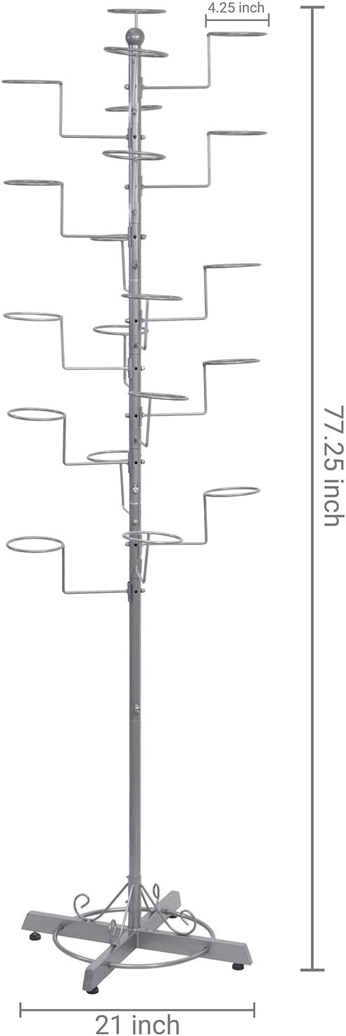 MyGift Hat Rack Holder Stand, Freestanding Baseball Cap Organizer Display, Large Retail Wig Holder with 20 Customizable Circular Hooks, for Multiple Hats, Shape of Tree, Silver Metal