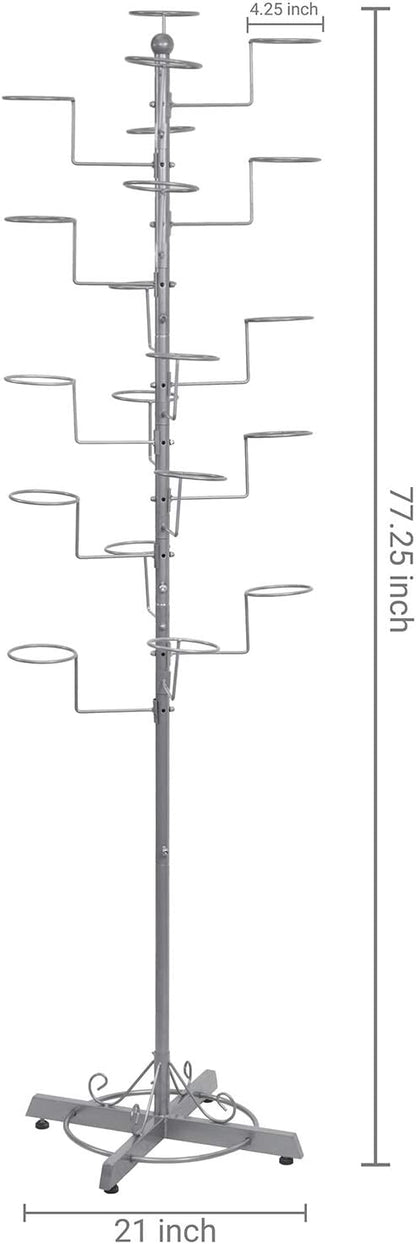 MyGift Hat Rack Holder Stand, Freestanding Baseball Cap Organizer Display, Large Retail Wig Holder with 20 Customizable Circular Hooks, for Multiple Hats, Shape of Tree, Silver Metal