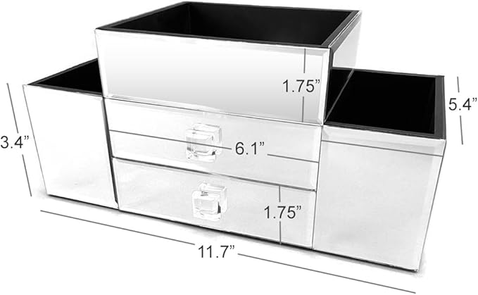 OnDisplay Emma 2 Drawer Tiered Mirrored Glass Makeup/Jewelry Organizer - Mirror Beauty Station - Perfect for Vanity, Bathroom Counter, or Dresser (Silver)