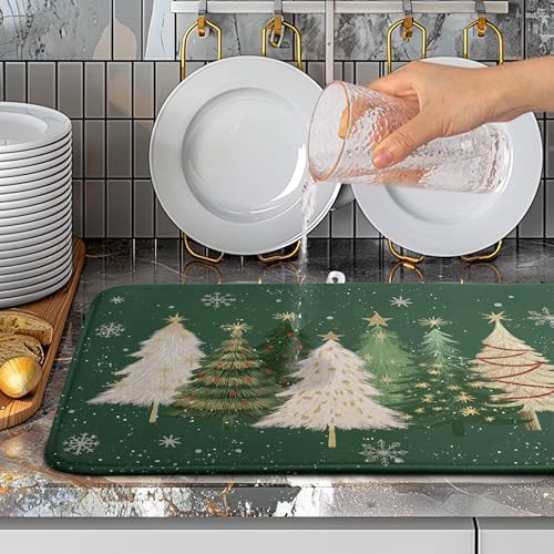 Green Christmas Tree Snowflakes Dish Drying Mat for Kitchen Counter 18x24 Inch Winter Xmas Holiday Dish Rack Mat Absorbent Microfiber Dish Draining Mat Reversible Drainer Pad - Image 5