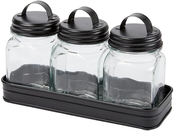 Set of 3 Glass Canisters in Galvanized Tray - Canisters in Tray Black
