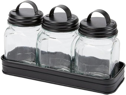 Set of 3 Glass Canisters in Galvanized Tray - Canisters in Tray Black