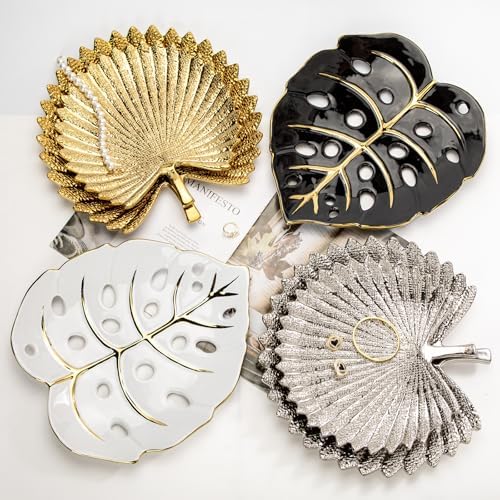 Ceramic Leaf Shaped Decorative Tray, White Gold Monstera Leaf Plate 12.6"x11" for Jewelry, Keys, Snack, Candle Holder, Modern Table Centerpiece Home Decor - Image 6