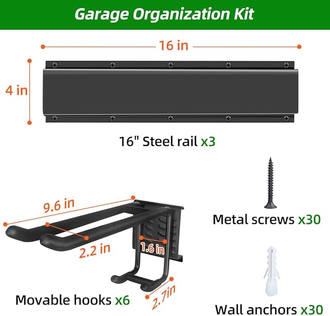PIYILO Garage Tool Organizer Wall Mount with 48 inches Rails and 6 Double-layer Hooks, Garden Tool Rack Heavy Duty, Garage Hanging Storage Rack For Yard Tools, Shovel, Shed