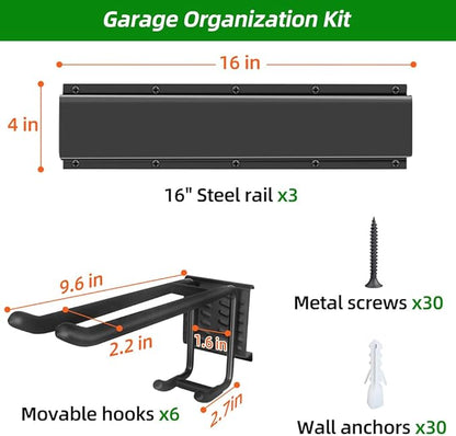 PIYILO Garage Tool Organizer Wall Mount with 48 inches Rails and 6 Double-layer Hooks, Garden Tool Rack Heavy Duty, Garage Hanging Storage Rack For Yard Tools, Shovel, Shed