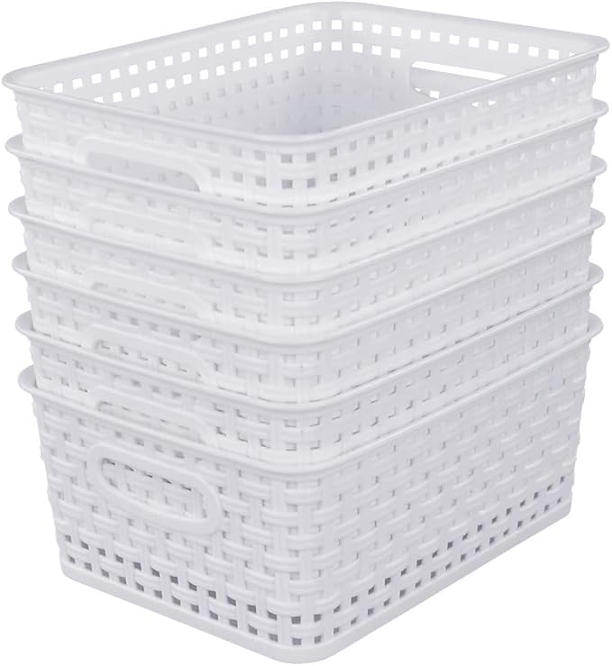 Sandmovie White Plastic Rattan Storage Baskets, 6 Packs