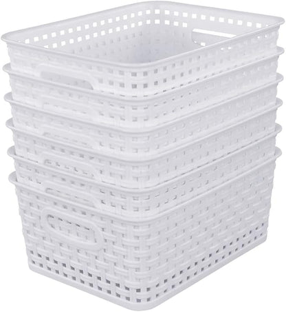 Sandmovie White Plastic Rattan Storage Baskets, 6 Packs