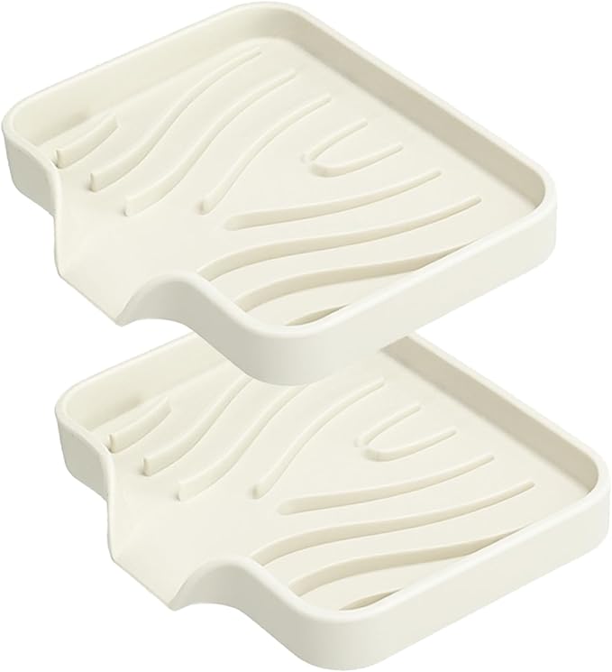 2 Pack Silicone Soap Dish with Drain, Self Draining Bar Soap Holder for Shower, Silicone Dish Soap Tray, Bathroom and Kitchen Sink Organizer, Beige